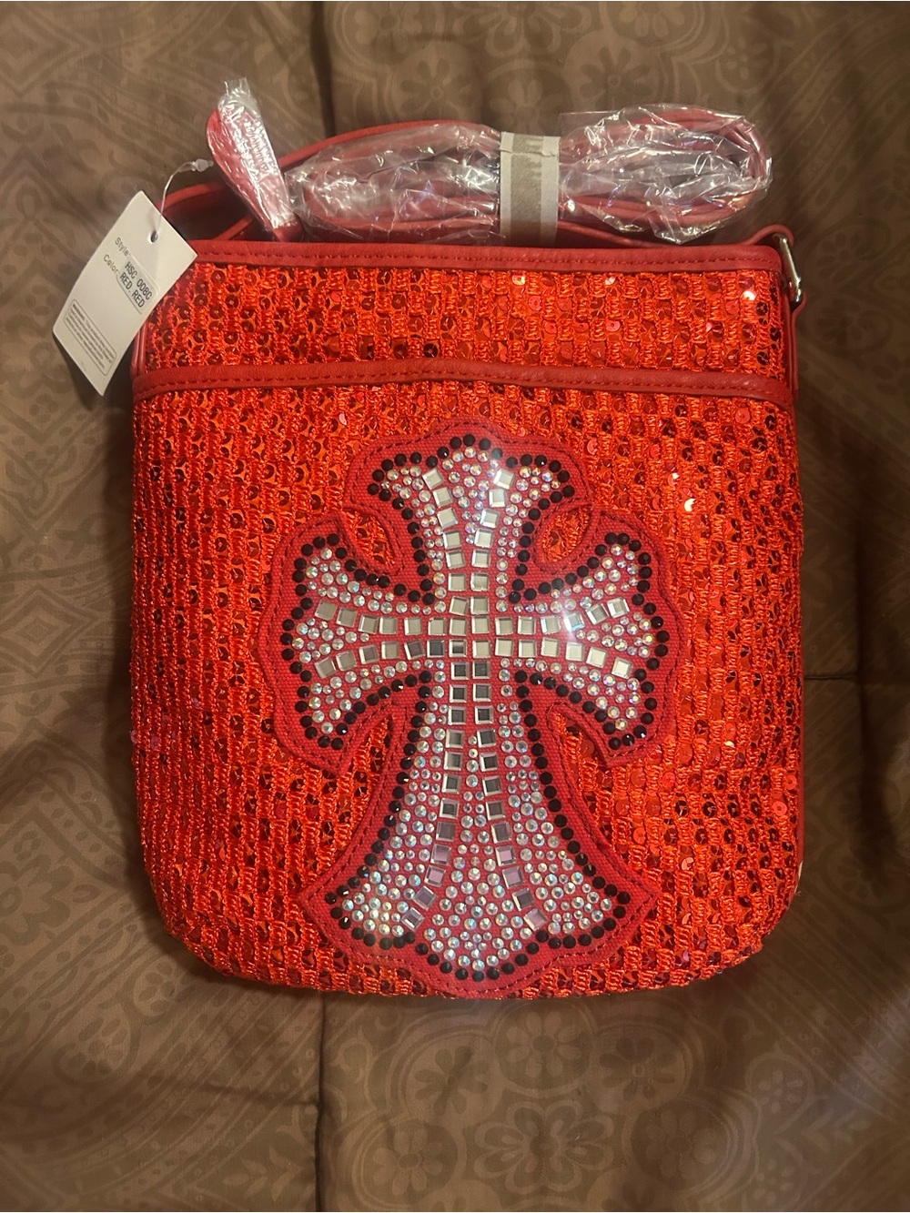 Red Sequin Cross Accent Women’s Shoulder Bag